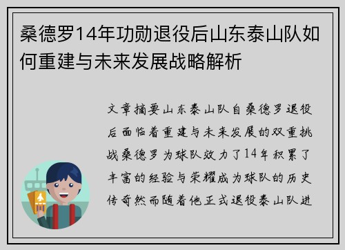 桑德罗14年功勋退役后山东泰山队如何重建与未来发展战略解析